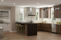 Modern Twist on Hickory Cabinetry in a finished Kitchen Remodel- Gray stained cabinets with beautiful wood grain.